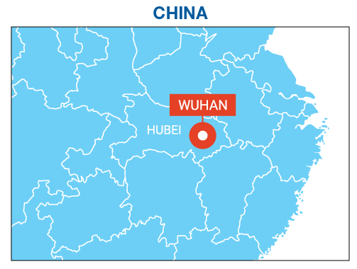 A map of China with Wuhan highlighted.