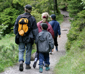 Family hiking through the forest 