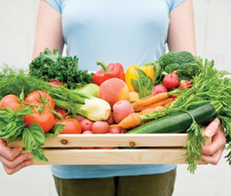 Person holding a basket of vegetables 