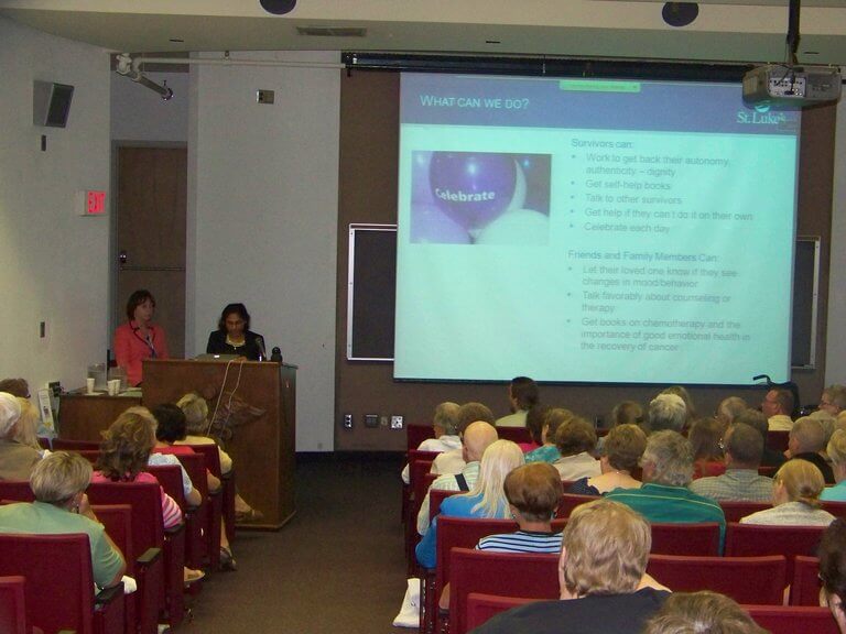 Deb Viner, St. Luke's licensed psychologist, and Dr. Anne Silva-Benedict, oncologist at St. Luke's Regional Cancer Center, answer questions submitted by the audience.