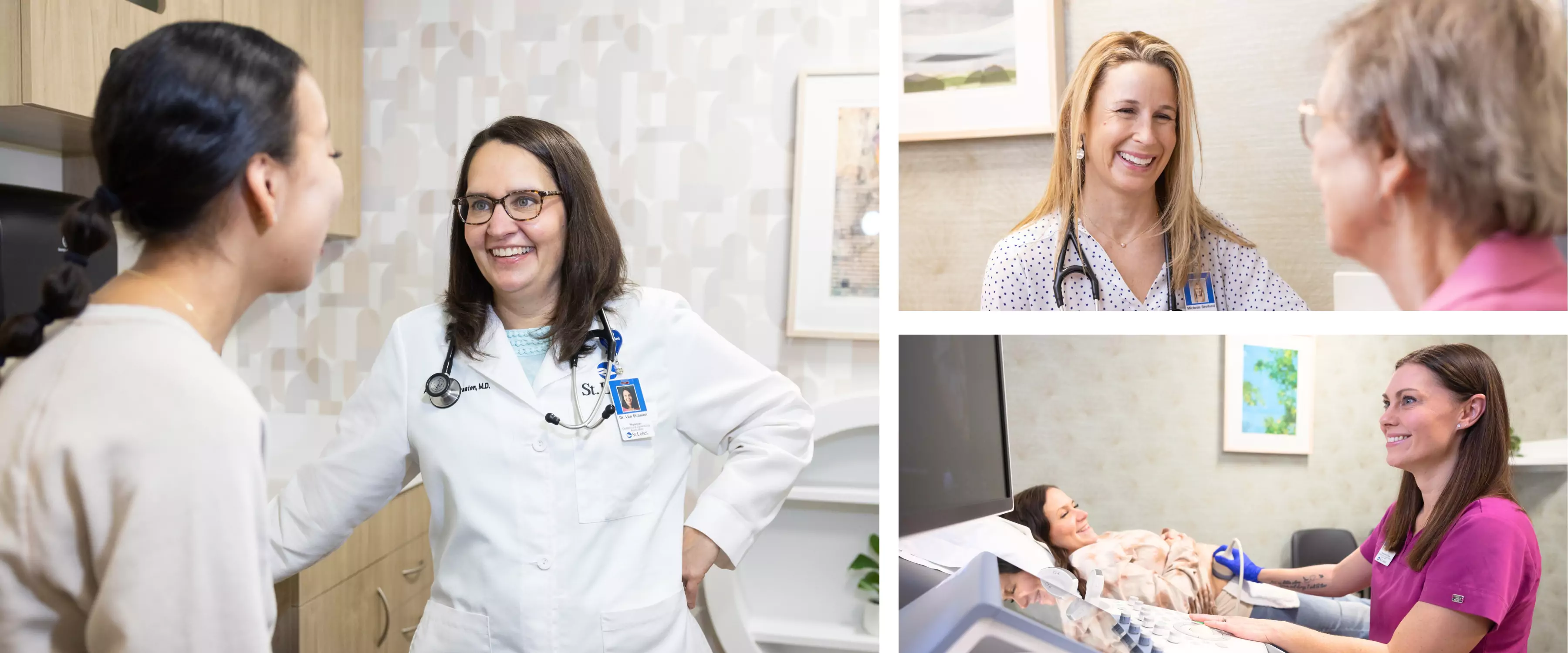 3 images in a grid. Far left image is an OBGYN speaking to young female patient. Top right image is an OBGYN APC speaking to an elderly woman. The bottom right image is a ultrasound tech and a pregnant patient, receiving an ultrasound.