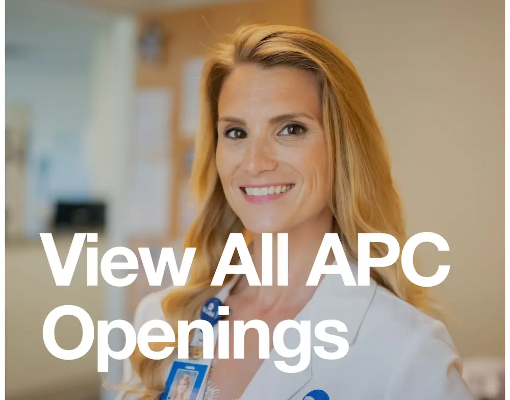 St. Luke's NP smiling in clinic with white text overlay that says View All APC Openings