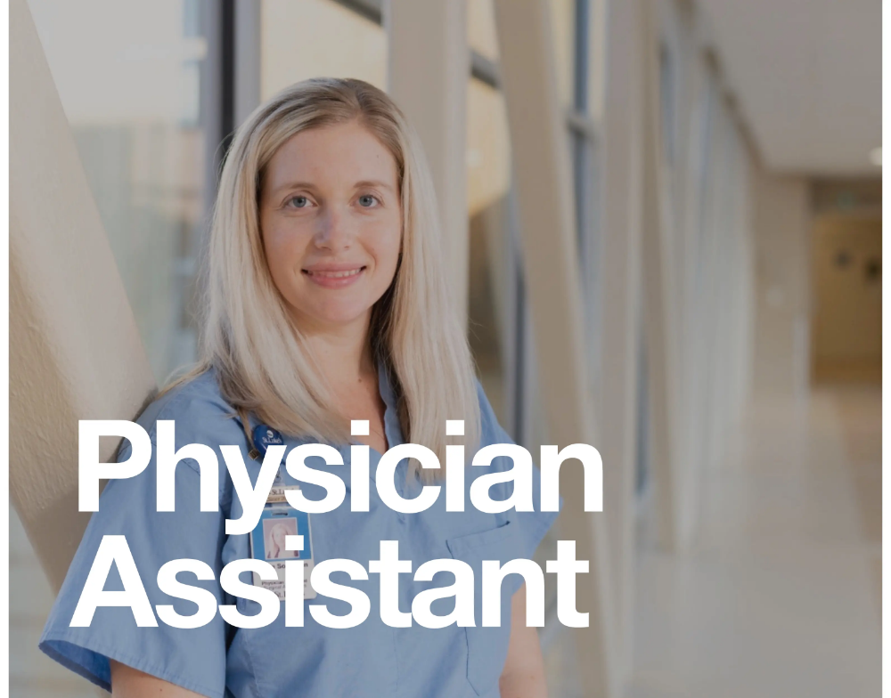 St. Luke's Physician Assistant smiling in a clinic hallway with white text overlay that says Physician Assistant