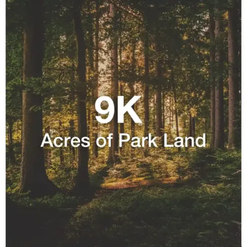 Duluth woods with white text overlay that says "9k acres of park land"
